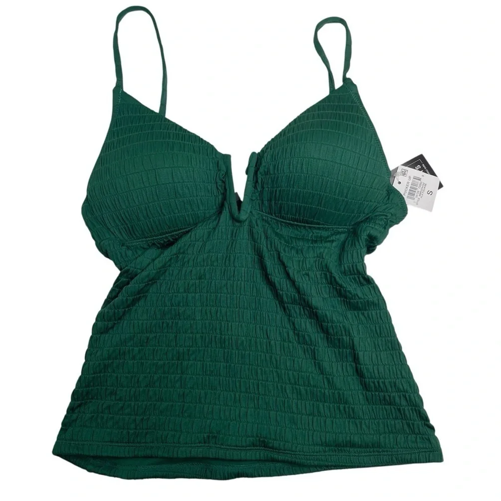 Bar III Pucker Up Textured Tankini Top & Bikini Bottoms Fiji Foliage Green S New